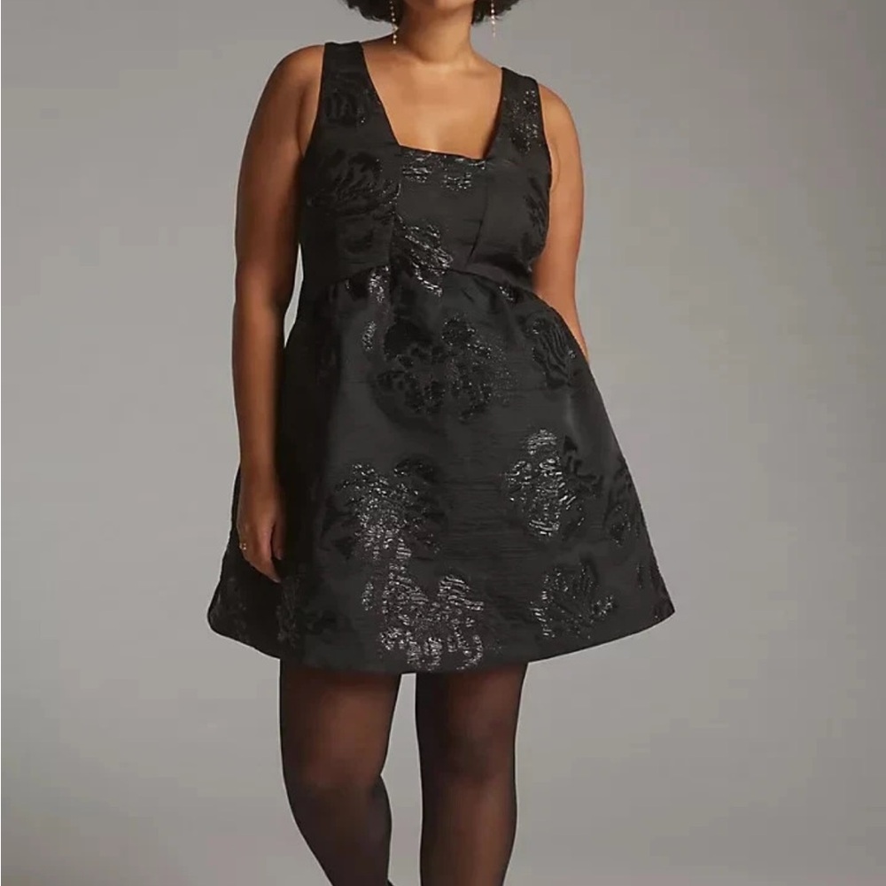 Maeve Anthropologie Sexy Whimsigoth Jacquard Black Shimmer Mini Dress Low Cut